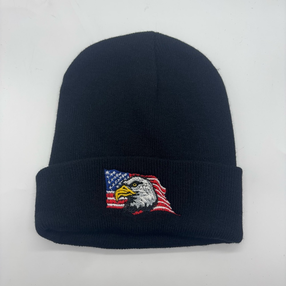 Black Beanie with Eagle and Flag Embroidery
